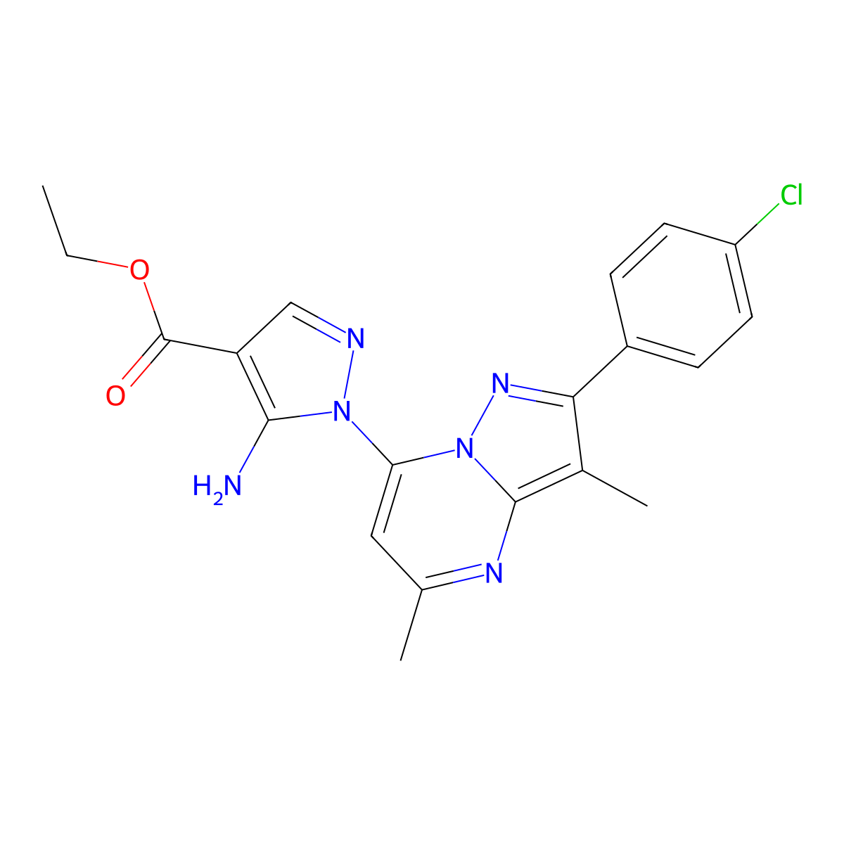 ethyl 5-amino-1-[2-(4-chlorophenyl)-3,5-dimethylpyrazolo[1,5-a]pyrimidin-7-yl]-1H-pyrazole-4-carboxylate molecular structure, CAS 1203232-59-0