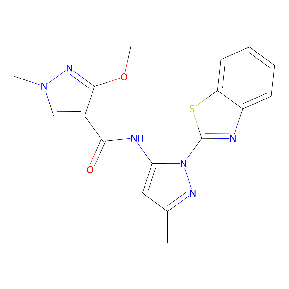 N-(1-(benzo[d]thiazol-2-yl)-3-methyl-1H-pyrazol-5-yl)-3-methoxy-1-methyl-1H-pyrazole-4-carboxamide molecular structure, CAS 1203233-78-6