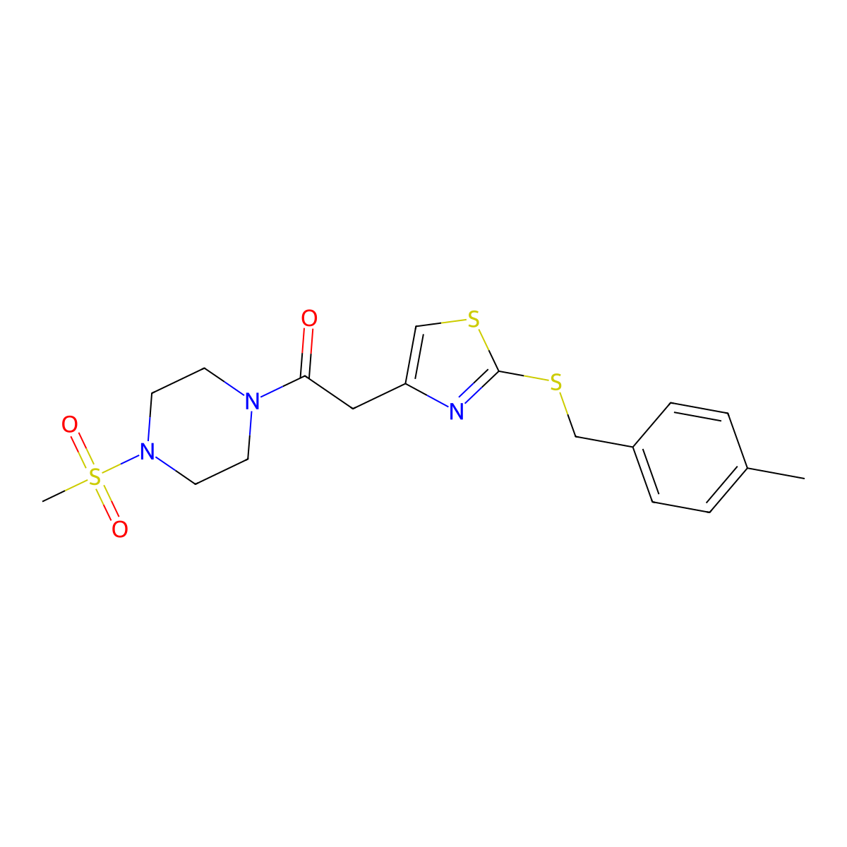 2-(2-((4-Methylbenzyl)thio)thiazol-4-yl)-1-(4-(methylsulfonyl)piperazin-1-yl)ethanone molecular structure, CAS 1203235-93-1