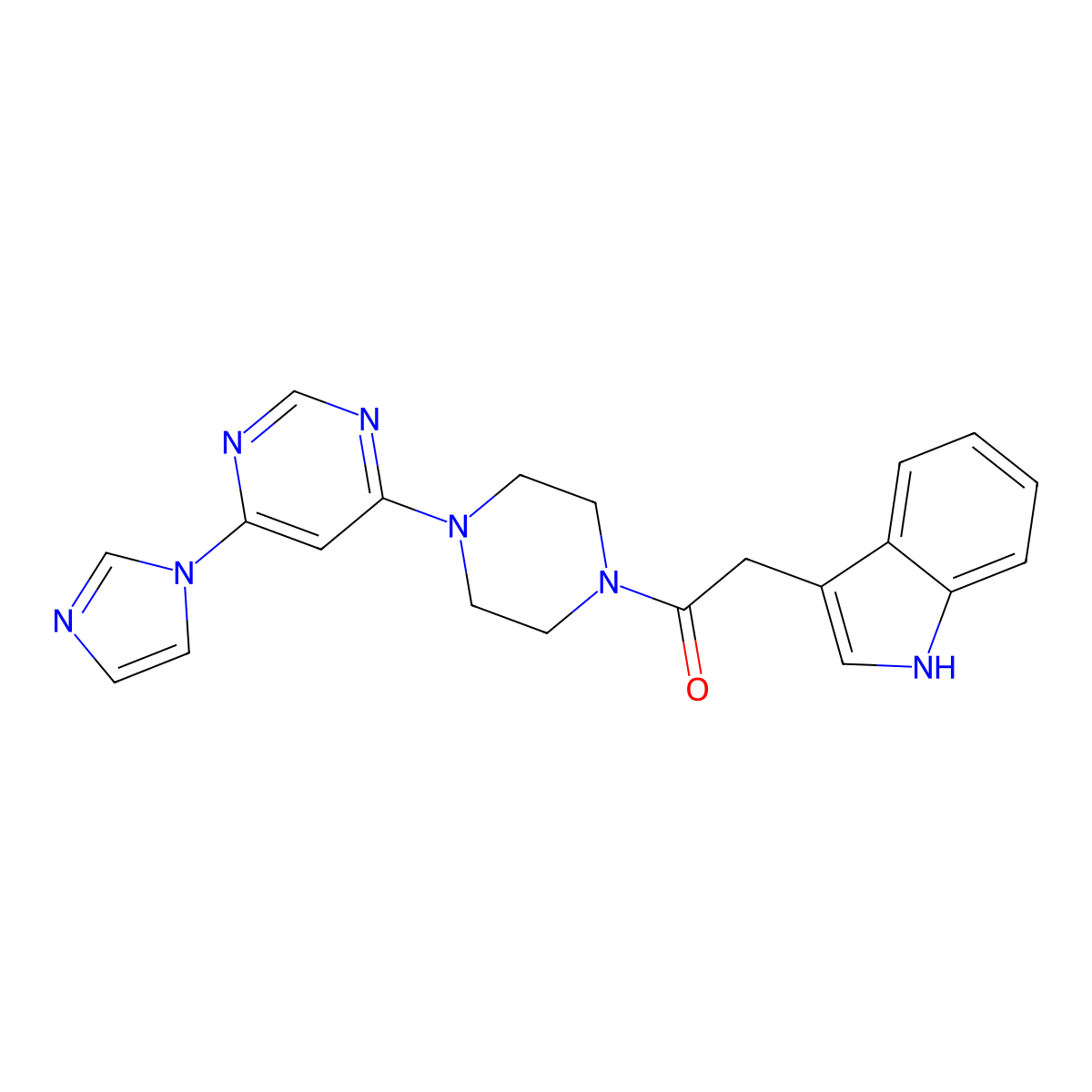 1-(4-(6-(1H-imidazol-1-yl)pyrimidin-4-yl)piperazin-1-yl)-2-(1H-indol-3-yl)ethanone molecular structure, CAS 1203236-07-0