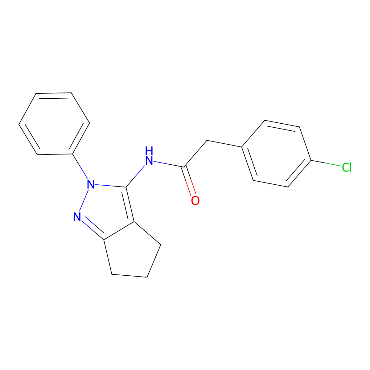2-(4-chlorophenyl)-N-(2-phenyl-2,4,5,6-tetrahydrocyclopenta[c]pyrazol-3-yl)acetamide molecular structure, CAS 1203236-24-1
