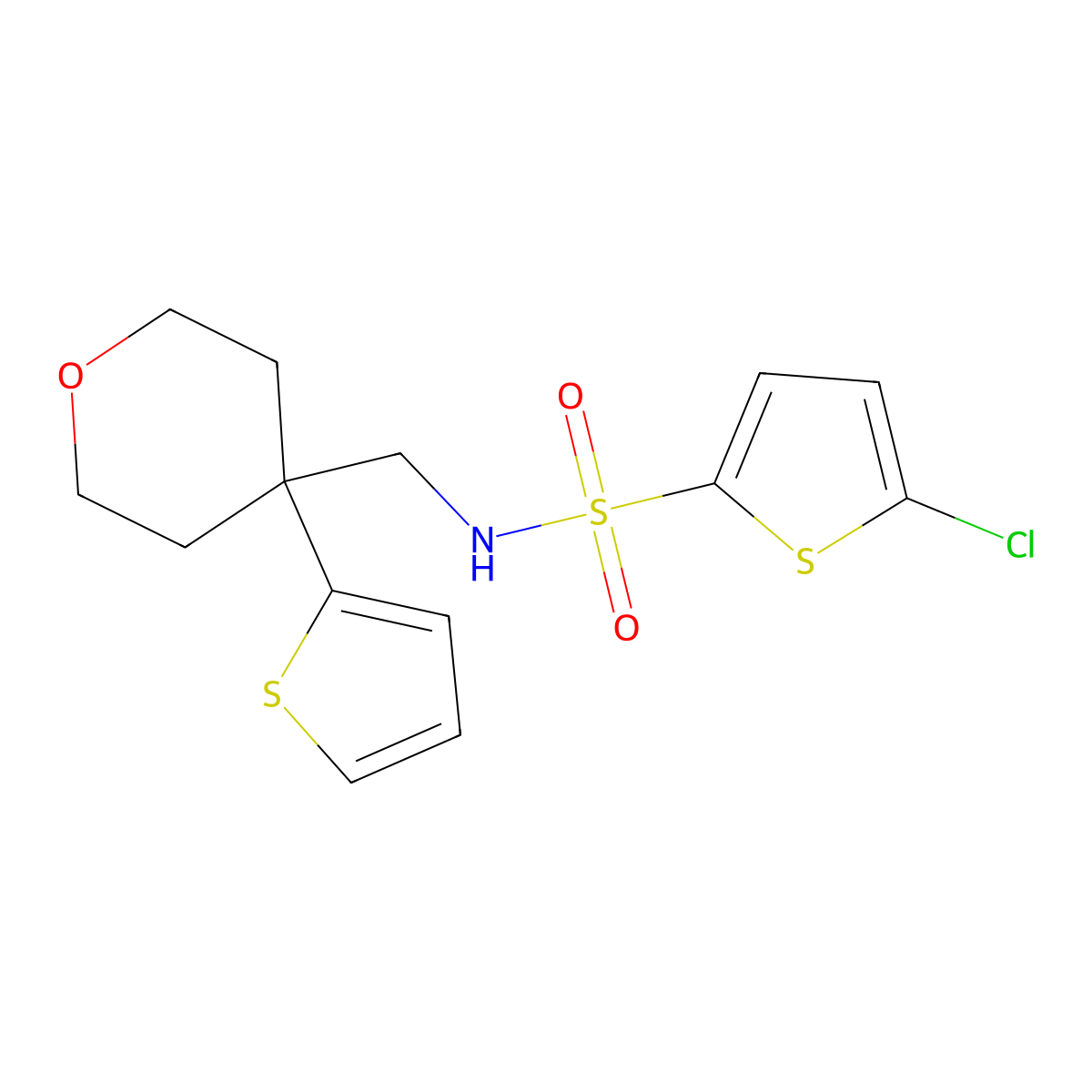 5-chloro-N-((4-(thiophen-2-yl)tetrahydro-2H-pyran-4-yl)methyl)thiophene-2-sulfonamide molecular structure, CAS 1203237-22-2