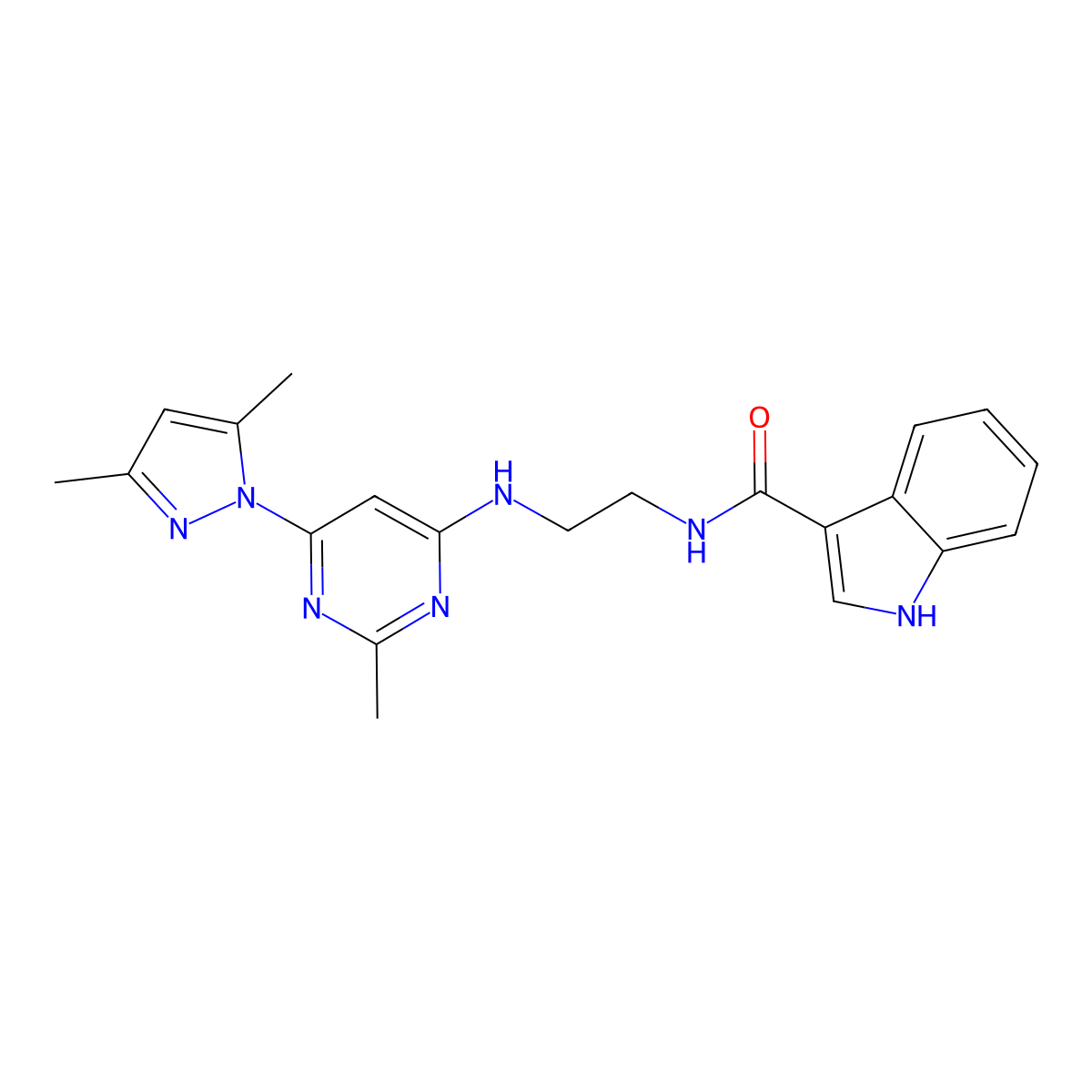 N-(2-{[6-(3,5-dimethyl-1H-pyrazol-1-yl)-2-methylpyrimidin-4-yl]amino}ethyl)-1H-indole-3-carboxamide molecular structure, CAS 1203239-77-3