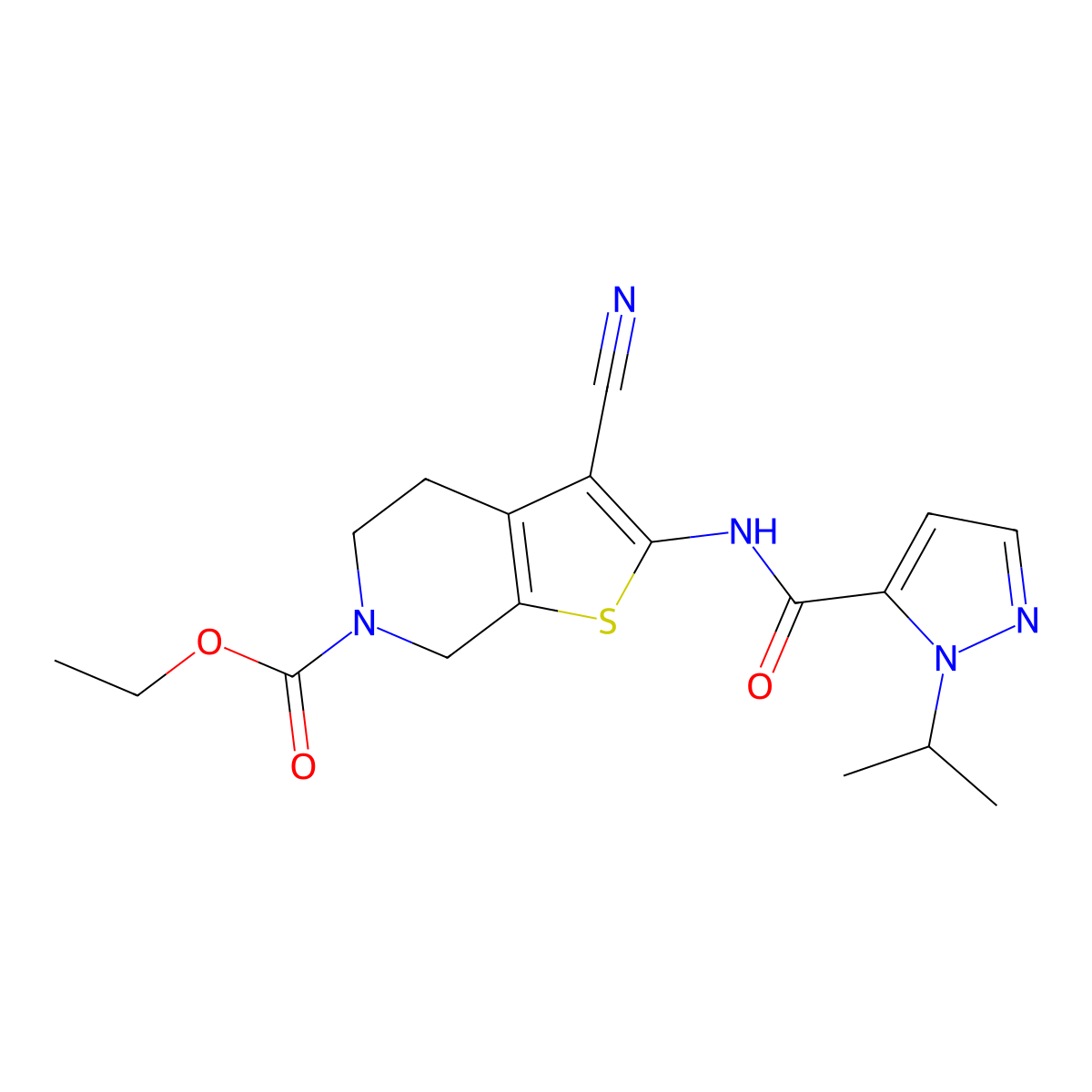 ethyl 3-cyano-2-(1-isopropyl-1H-pyrazole-5-carboxamido)-4,5-dihydrothieno[2,3-c]pyridine-6(7H)-carboxylate molecular structure, CAS 1203240-19-0