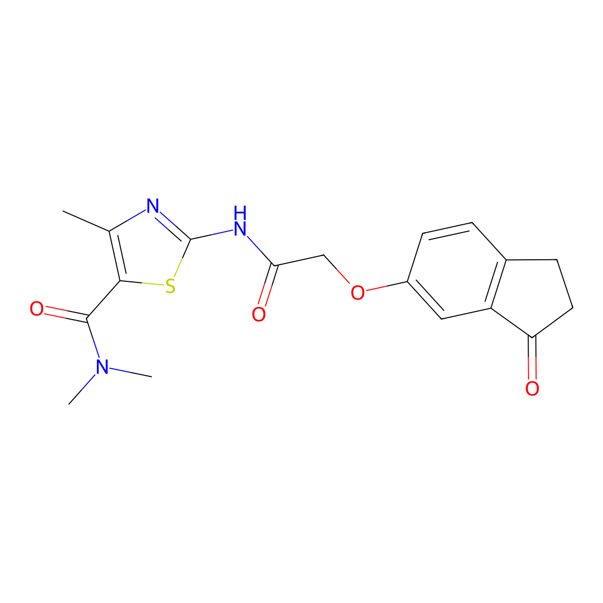 N,N,4-trimethyl-2-(2-((3-oxo-2,3-dihydro-1H-inden-5-yl)oxy)acetamido)thiazole-5-carboxamide molecular structure, CAS 1203240-37-2