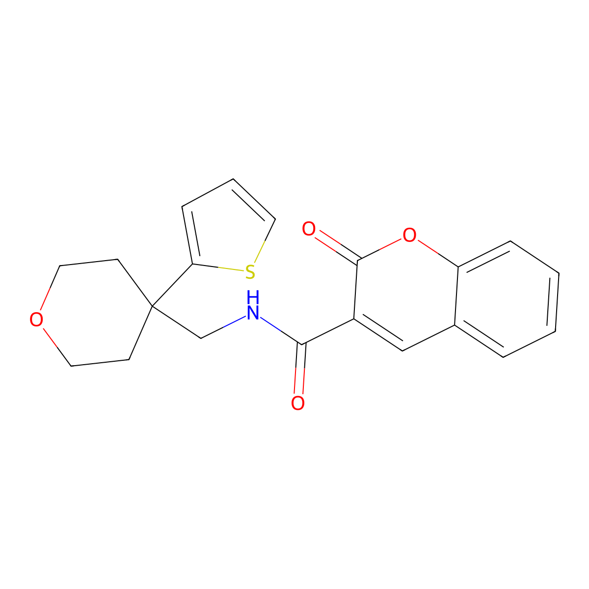 2-oxo-N-((4-(thiophen-2-yl)tetrahydro-2H-pyran-4-yl)methyl)-2H-chromene-3-carboxamide molecular structure, CAS 1203240-44-1