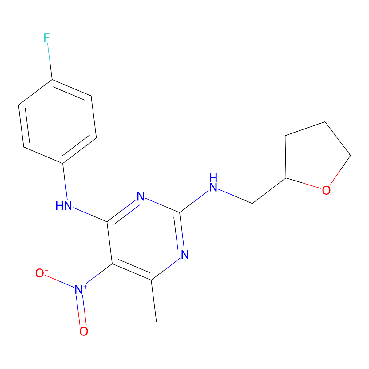 N~4~-(4-fluorophenyl)-6-methyl-5-nitro-N~2~-(tetrahydrofuran-2-ylmethyl)pyrimidine-2,4-diamine molecular structure, CAS 1203240-63-4