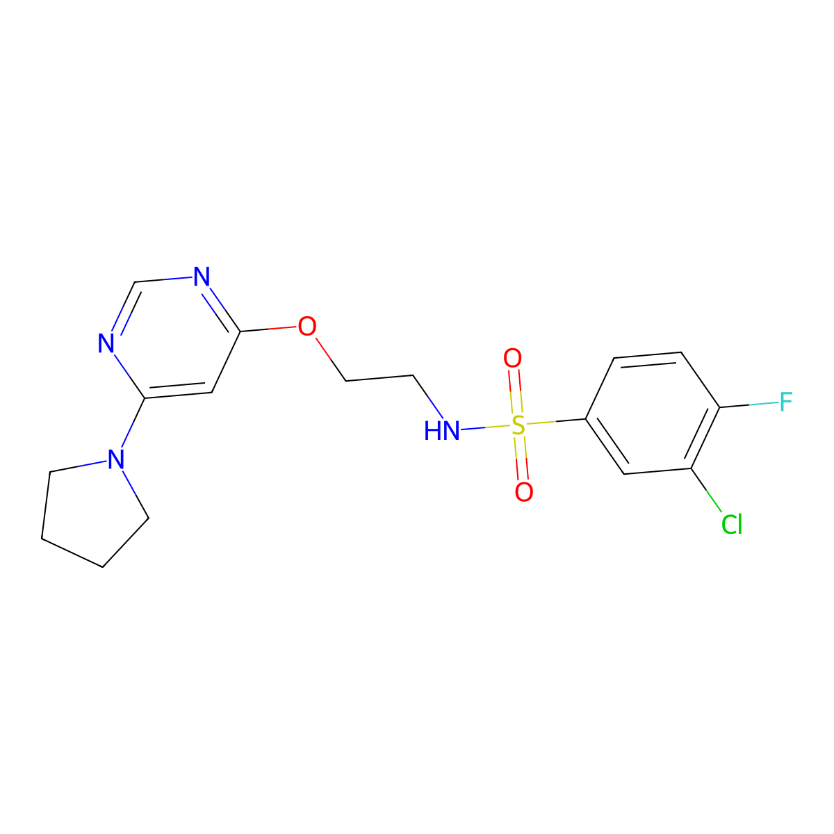 3-chloro-4-fluoro-N-(2-((6-(pyrrolidin-1-yl)pyrimidin-4-yl)oxy)ethyl)benzenesulfonamide molecular structure, CAS 1203243-01-9