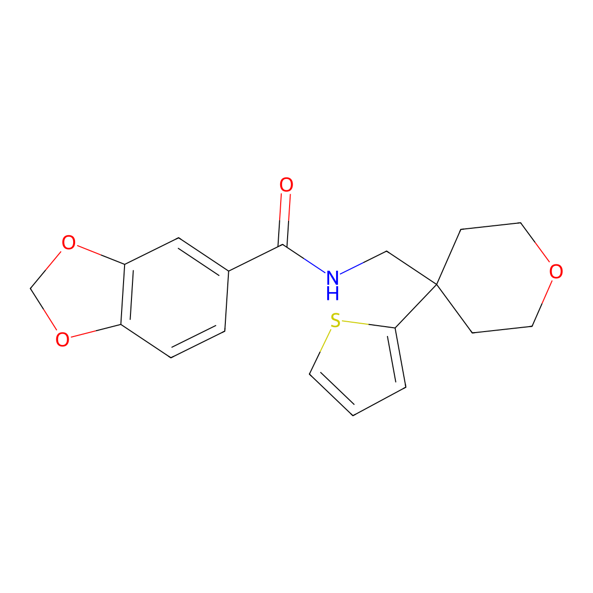N-((4-(thiophen-2-yl)tetrahydro-2H-pyran-4-yl)methyl)benzo[d][1,3]dioxole-5-carboxamide molecular structure, CAS 1203243-72-4