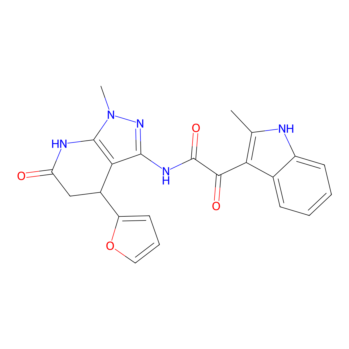 N-(4-(furan-2-yl)-1-methyl-6-oxo-4,5,6,7-tetrahydro-1H-pyrazolo[3,4-b]pyridin-3-yl)-2-(2-methyl-1H-indol-3-yl)-2-oxoacetamide molecular structure, CAS 1203244-69-2