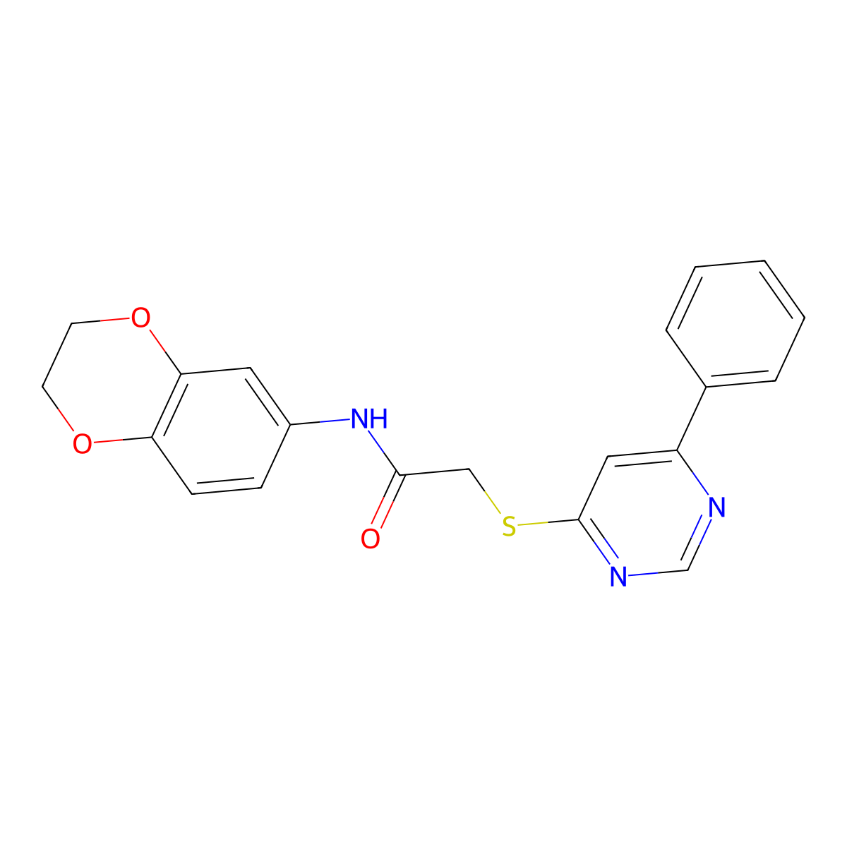 N-(2,3-dihydrobenzo[b][1,4]dioxin-6-yl)-2-((6-phenylpyrimidin-4-yl)thio)acetamide molecular structure, CAS 1203245-73-1