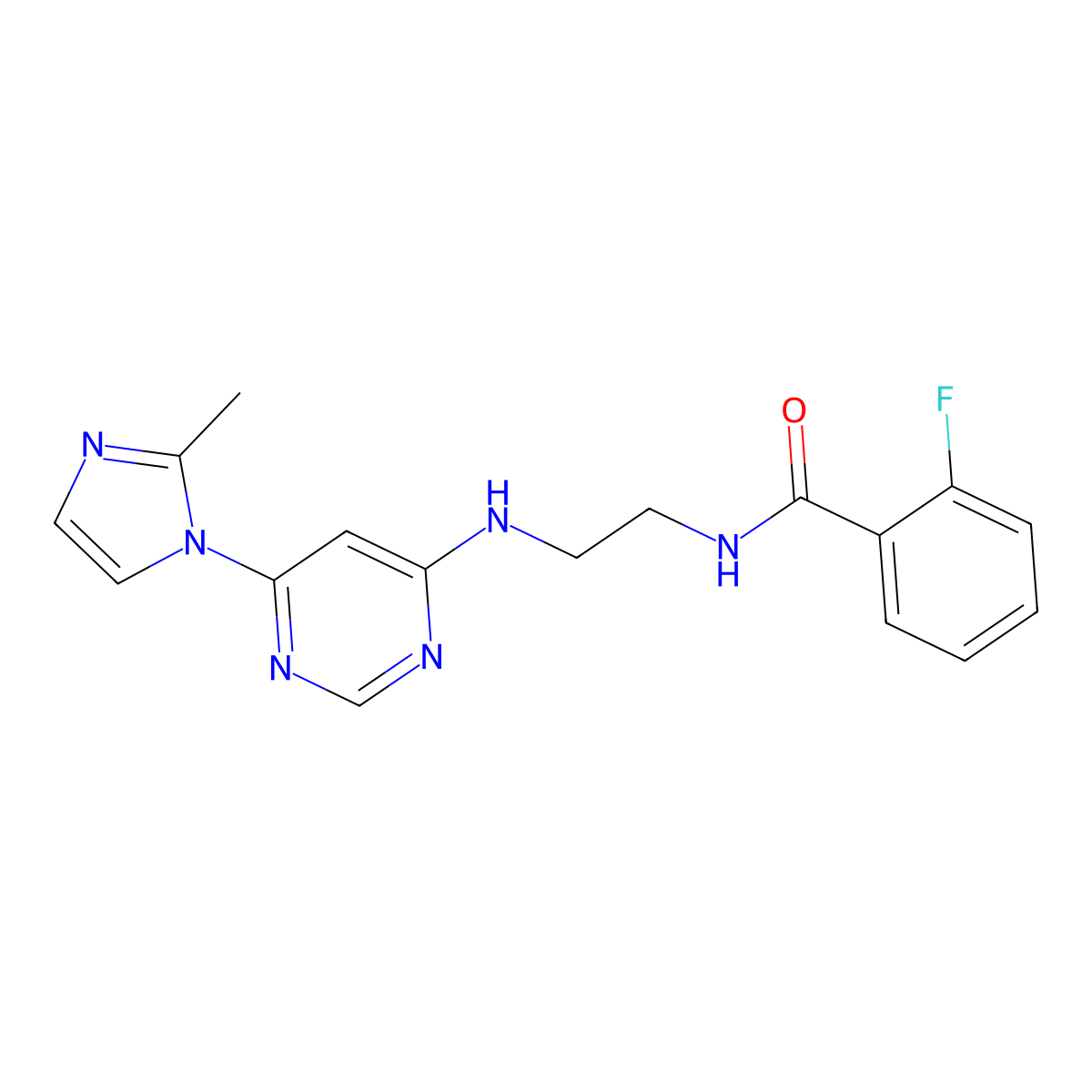 2-fluoro-N-(2-((6-(2-methyl-1H-imidazol-1-yl)pyrimidin-4-yl)amino)ethyl)benzamide molecular structure, CAS 1203246-51-8