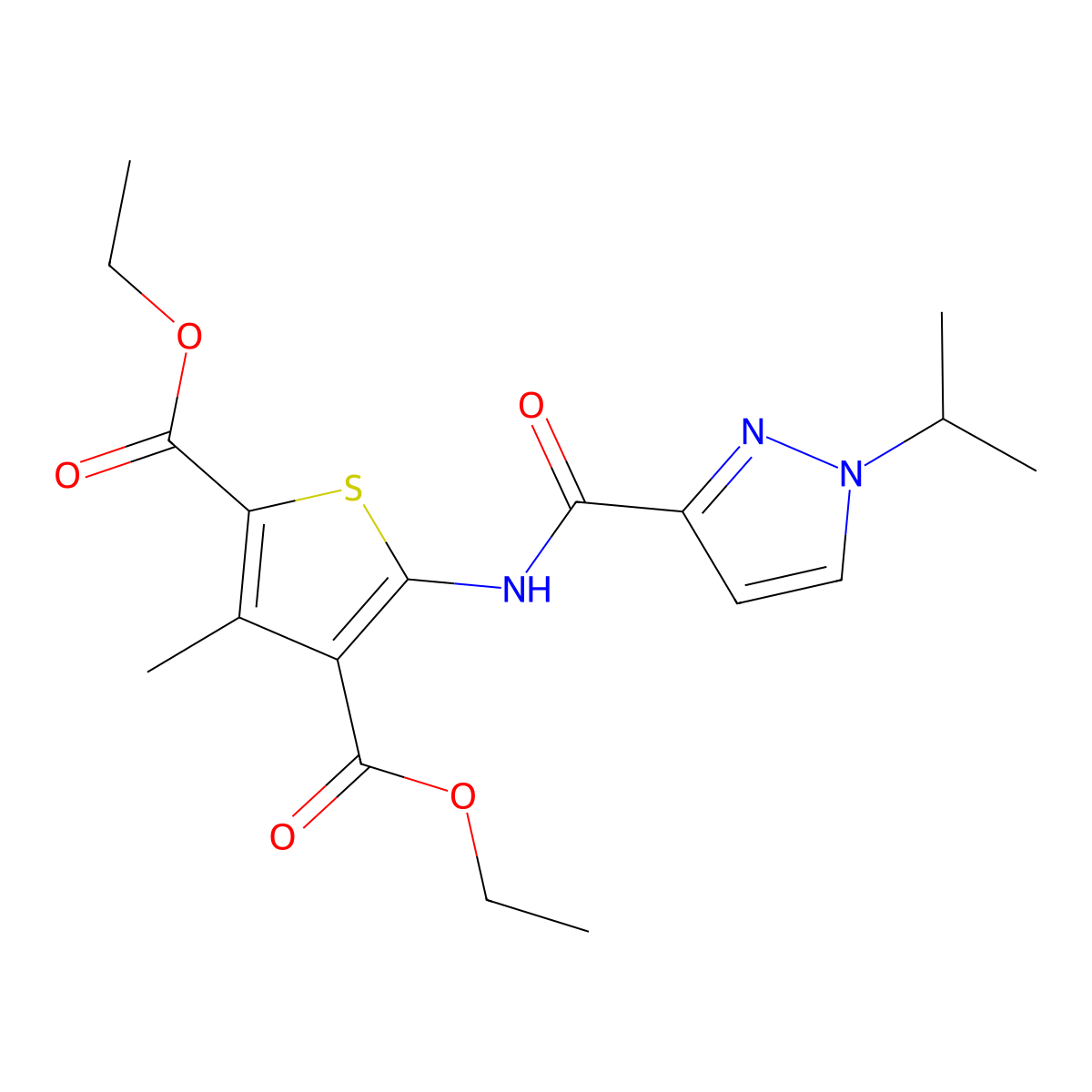 diethyl 5-(1-isopropyl-1H-pyrazole-3-carboxamido)-3-methylthiophene-2,4-dicarboxylate molecular structure, CAS 1203246-76-7