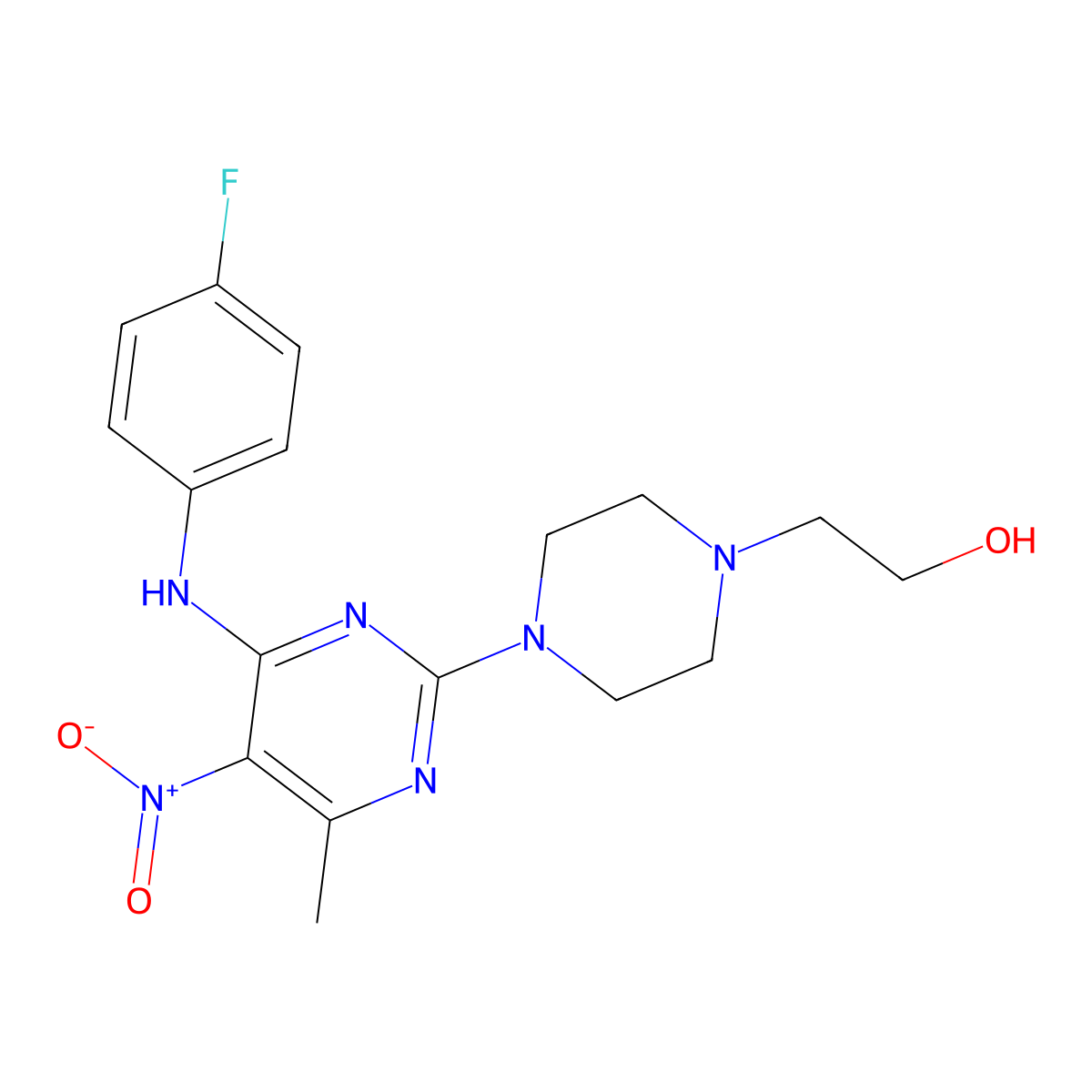 2-(4-(4-((4-Fluorophenyl)amino)-6-methyl-5-nitropyrimidin-2-yl)piperazin-1-yl)ethanol molecular structure, CAS 1203248-43-4