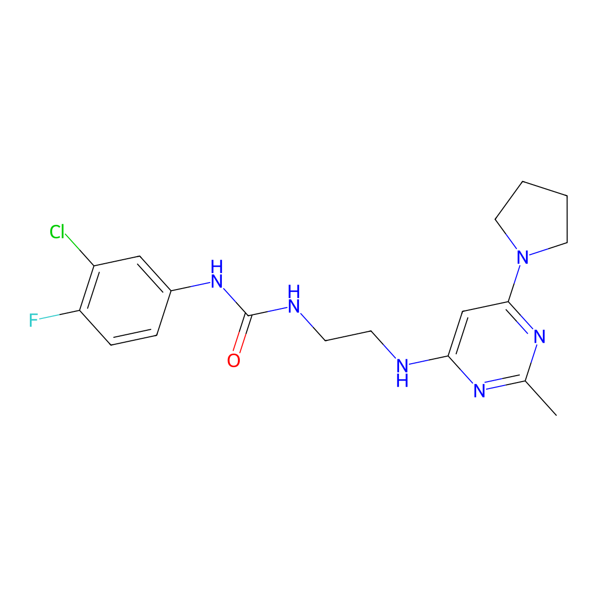 1-(3-Chloro-4-fluorophenyl)-3-(2-((2-methyl-6-(pyrrolidin-1-yl)pyrimidin-4-yl)amino)ethyl)urea molecular structure, CAS 1203248-85-4