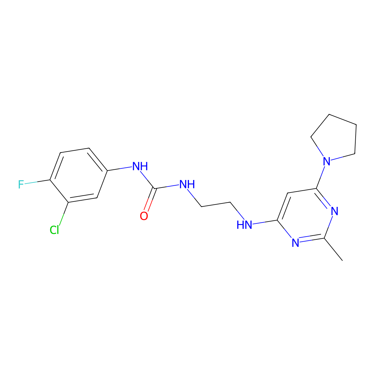 1-(3-Chloro-4-fluorophenyl)-3-(2-((2-methyl-6-(pyrrolidin-1-yl)pyrimidin-4-yl)amino)ethyl)urea molecular structure, CAS 1203248-85-4