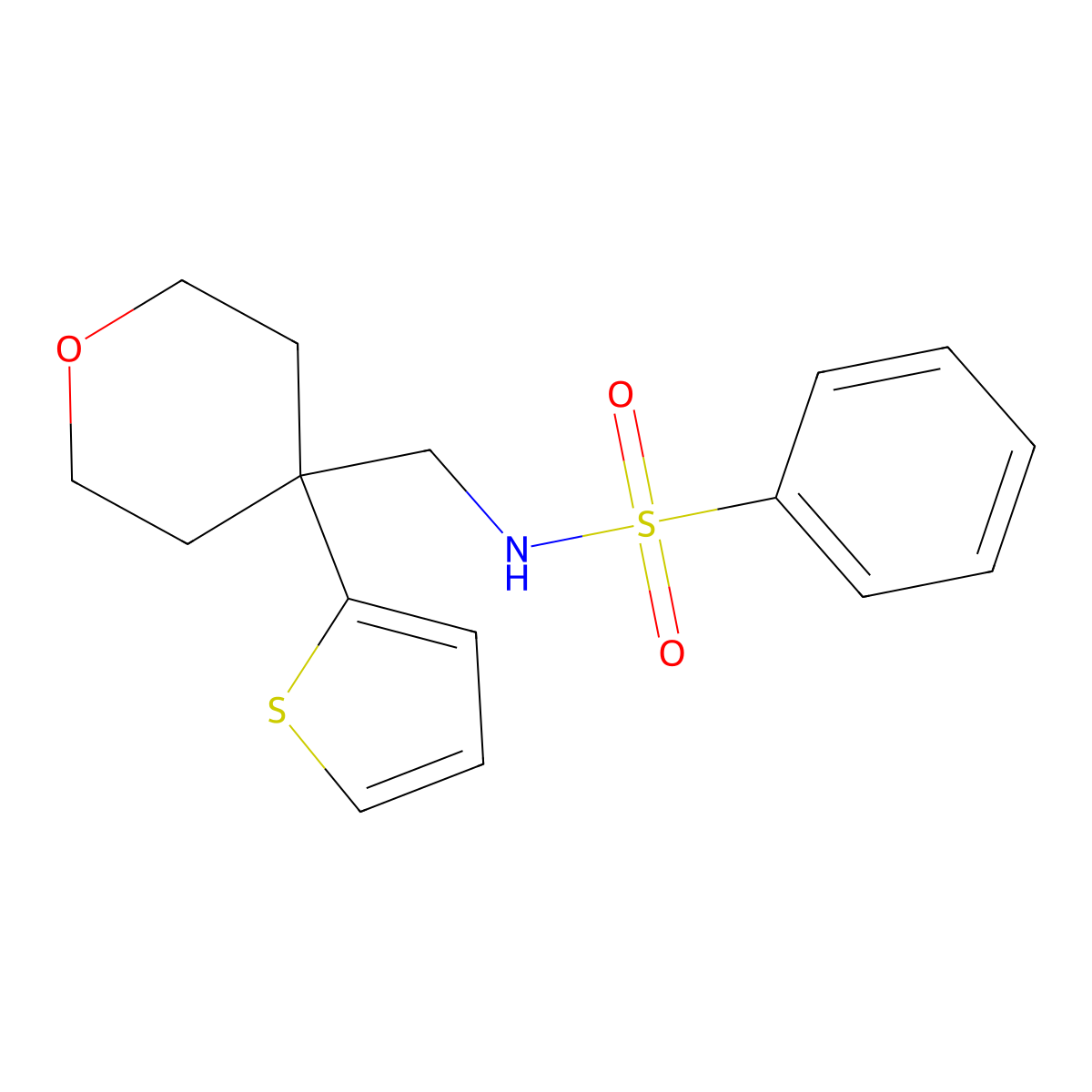 N-((4-(thiophen-2-yl)tetrahydro-2H-pyran-4-yl)methyl)benzenesulfonamide molecular structure, CAS 1203250-49-0