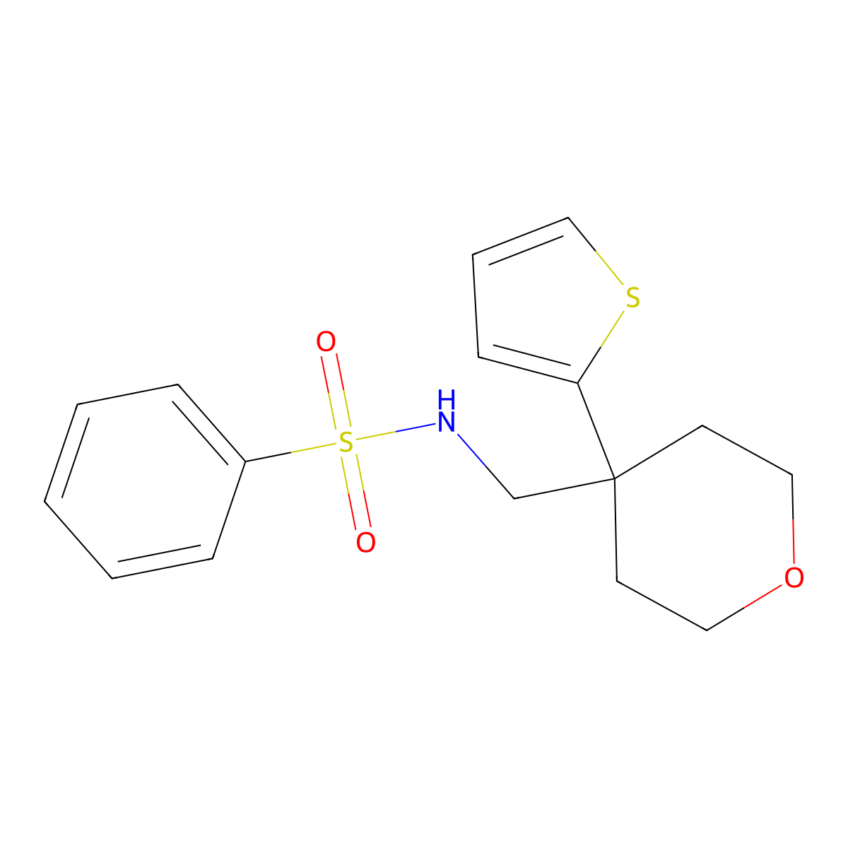 N-((4-(thiophen-2-yl)tetrahydro-2H-pyran-4-yl)methyl)benzenesulfonamide molecular structure, CAS 1203250-49-0