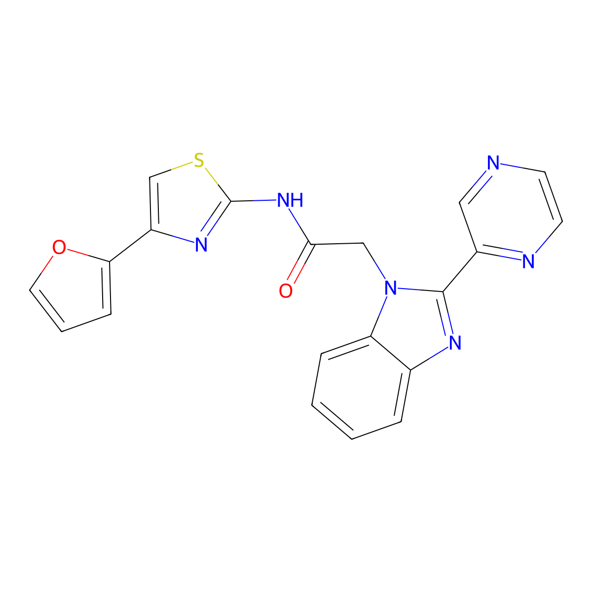 N-(4-(furan-2-yl)thiazol-2-yl)-2-(2-(pyrazin-2-yl)-1H-benzo[d]imidazol-1-yl)acetamide molecular structure, CAS 1203250-92-3