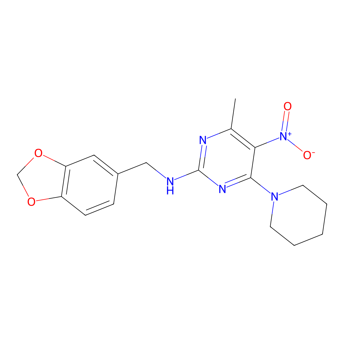 N-(1,3-benzodioxol-5-ylmethyl)-4-methyl-5-nitro-6-(piperidin-1-yl)pyrimidin-2-amine molecular structure, CAS 1203251-02-8