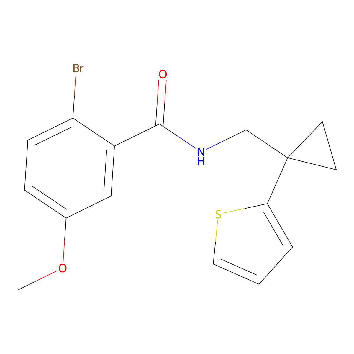 2-bromo-5-methoxy-N-((1-(thiophen-2-yl)cyclopropyl)methyl)benzamide molecular structure, CAS 1203254-86-7