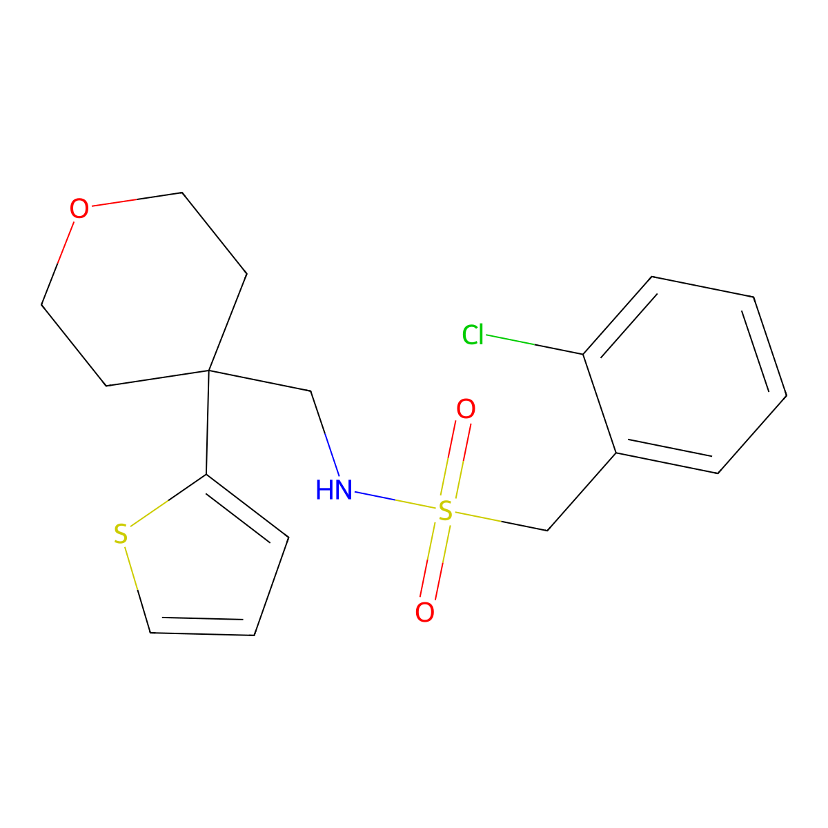 1-(2-chlorophenyl)-N-((4-(thiophen-2-yl)tetrahydro-2H-pyran-4-yl)methyl)methanesulfonamide molecular structure, CAS 1203255-83-7