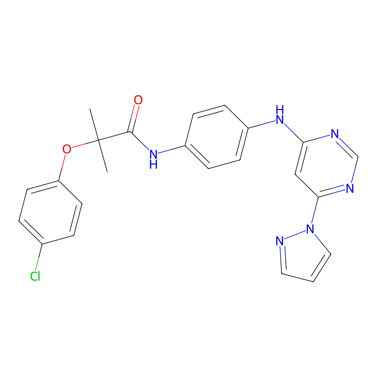 N-(4-((6-(1H-pyrazol-1-yl)pyrimidin-4-yl)amino)phenyl)-2-(4-chlorophenoxy)-2-methylpropanamide molecular structure, CAS 1203256-02-3
