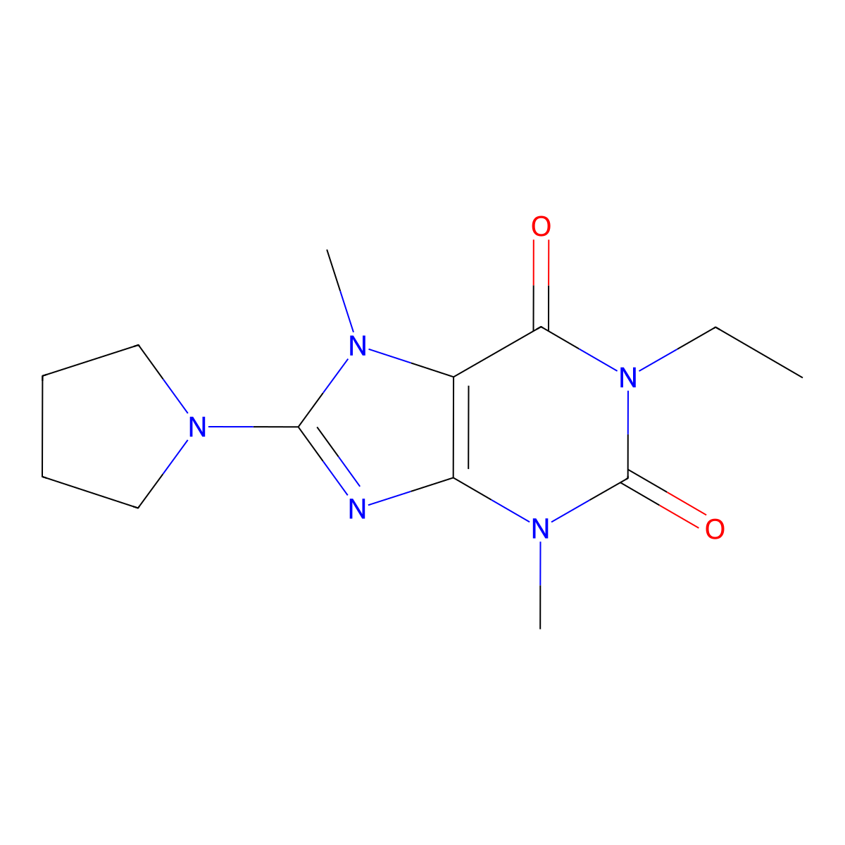 1-ethyl-3,7-dimethyl-8-(pyrrolidin-1-yl)-1H-purine-2,6(3H,7H)-dione molecular structure, CAS 1203256-28-3