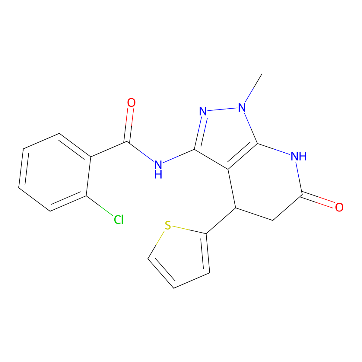 2-chloro-N-(1-methyl-6-oxo-4-(thiophen-2-yl)-4,5,6,7-tetrahydro-1H-pyrazolo[3,4-b]pyridin-3-yl)benzamide molecular structure, CAS 1203256-36-3