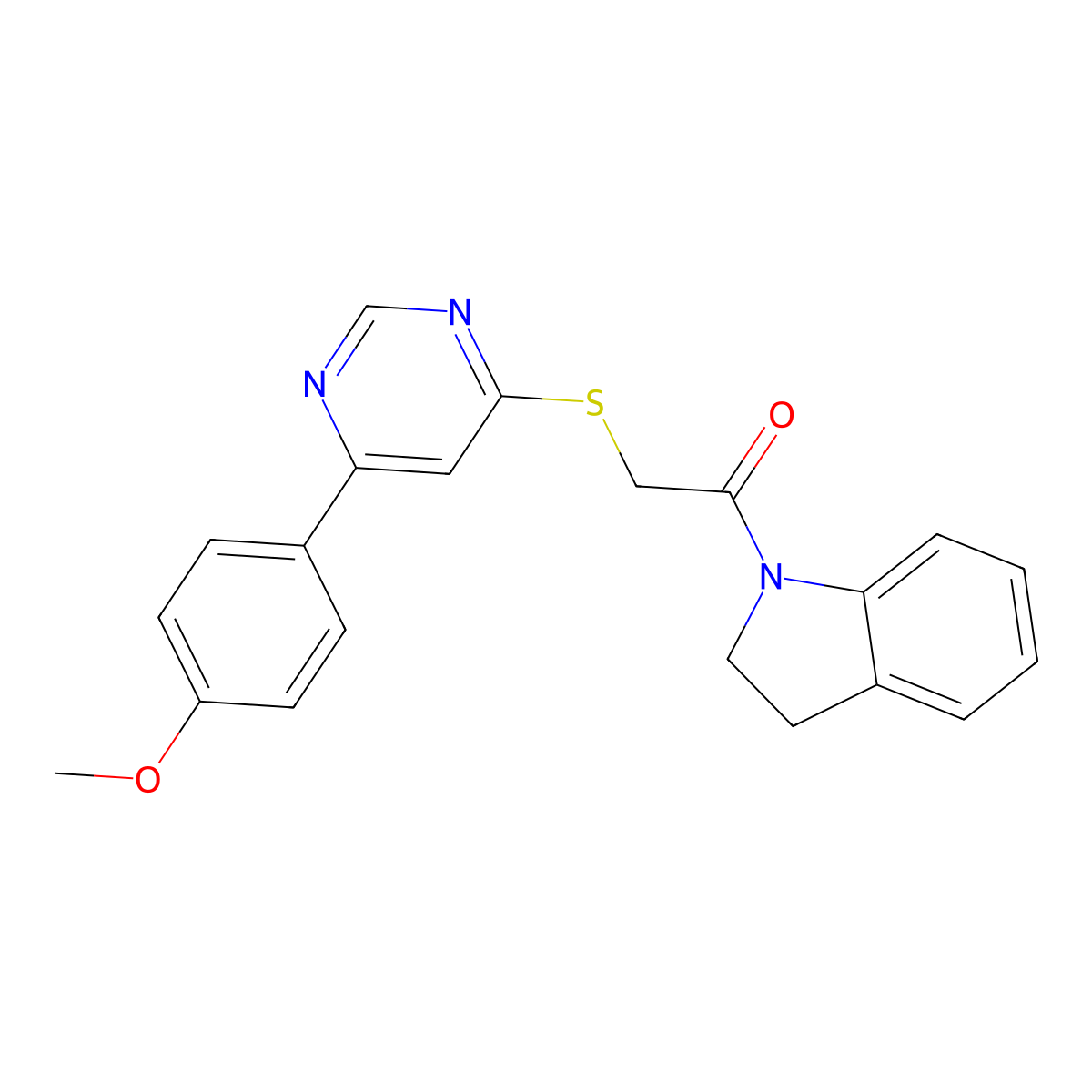 1-(Indolin-1-yl)-2-((6-(4-methoxyphenyl)pyrimidin-4-yl)thio)ethanone molecular structure, CAS 1203257-24-2