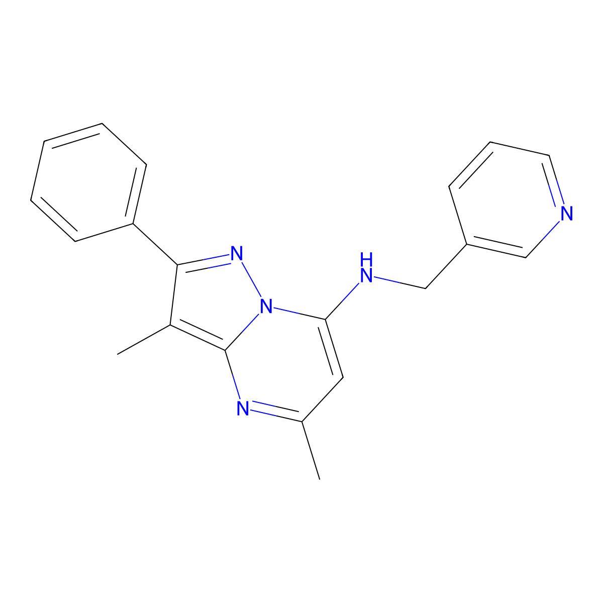3,5-dimethyl-2-phenyl-N-[(pyridin-3-yl)methyl]pyrazolo[1,5-a]pyrimidin-7-amine molecular structure, CAS 1203258-49-4