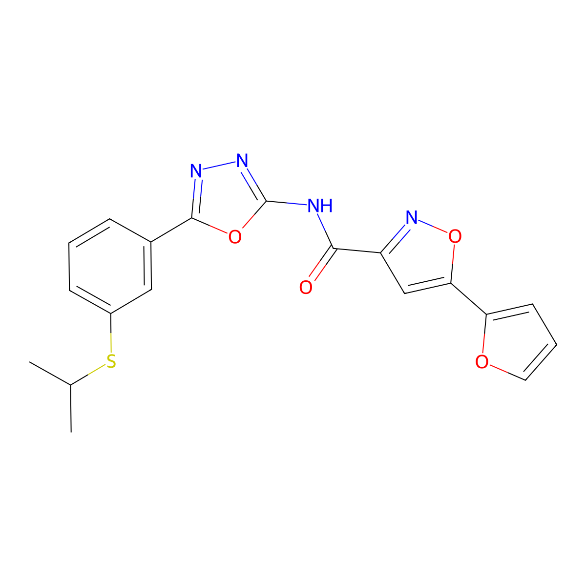 5-(furan-2-yl)-N-(5-(3-(isopropylthio)phenyl)-1,3,4-oxadiazol-2-yl)isoxazole-3-carboxamide molecular structure, CAS 1203259-36-2