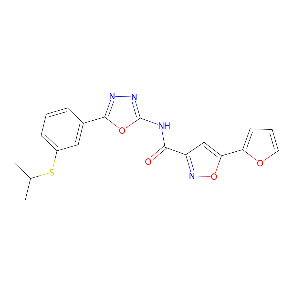 5-(furan-2-yl)-N-(5-(3-(isopropylthio)phenyl)-1,3,4-oxadiazol-2-yl)isoxazole-3-carboxamide molecular structure, CAS 1203259-36-2