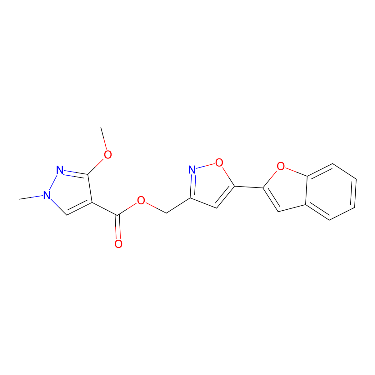 (5-(benzofuran-2-yl)isoxazol-3-yl)methyl 3-methoxy-1-methyl-1H-pyrazole-4-carboxylate molecular structure, CAS 1203259-48-6