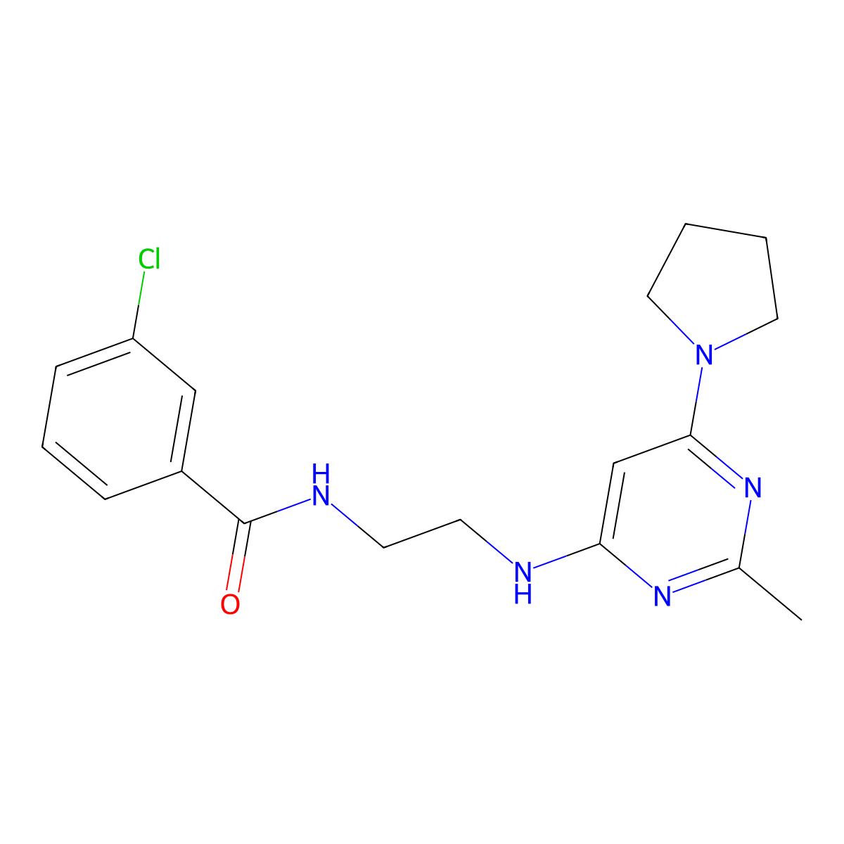 3-chloro-N-(2-((2-methyl-6-(pyrrolidin-1-yl)pyrimidin-4-yl)amino)ethyl)benzamide molecular structure, CAS 1203261-26-0