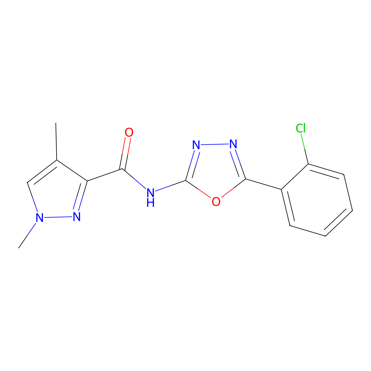 N-(5-(2-chlorophenyl)-1,3,4-oxadiazol-2-yl)-1,4-dimethyl-1H-pyrazole-3-carboxamide molecular structure, CAS 1203264-20-3