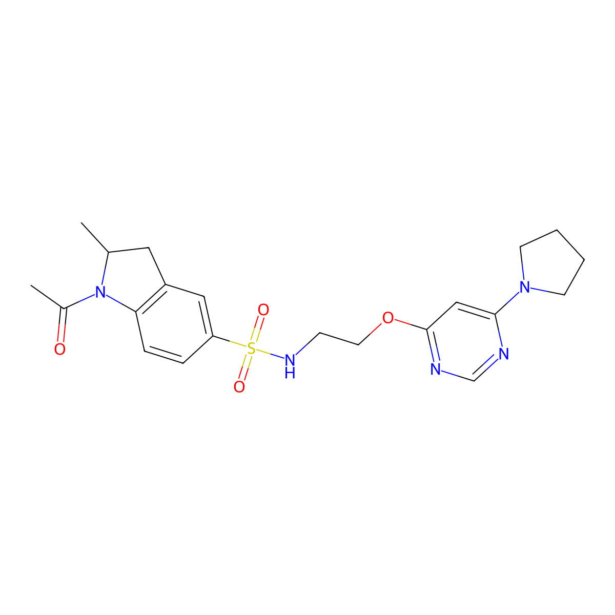 1-acetyl-2-methyl-N-(2-((6-(pyrrolidin-1-yl)pyrimidin-4-yl)oxy)ethyl)indoline-5-sulfonamide molecular structure, CAS 1203264-43-0
