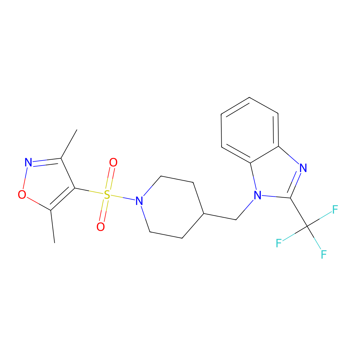 3,5-dimethyl-4-((4-((2-(trifluoromethyl)-1H-benzo[d]imidazol-1-yl)methyl)piperidin-1-yl)sulfonyl)isoxazole molecular structure, CAS 1203266-65-2