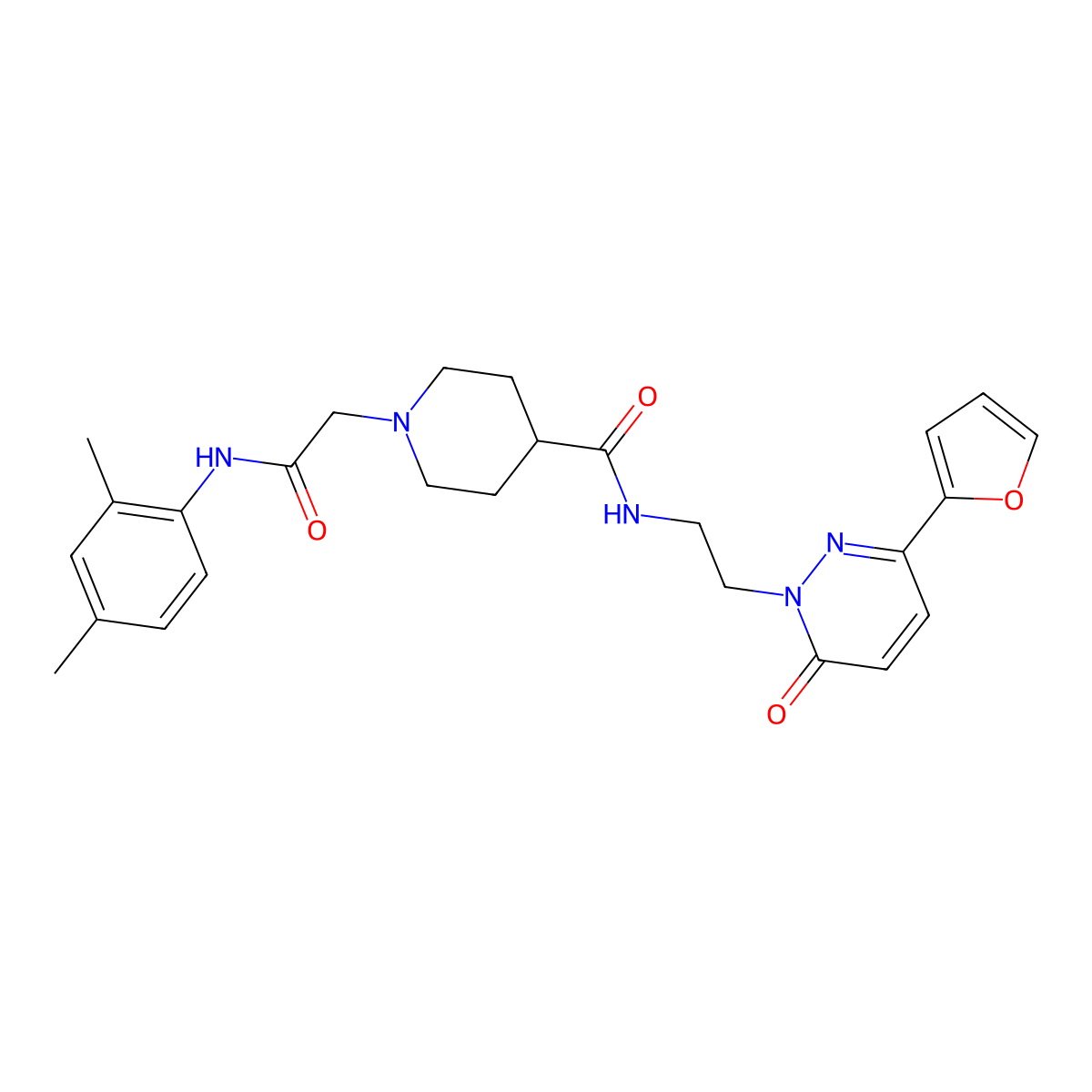 1-(2-((2,4-dimethylphenyl)amino)-2-oxoethyl)-N-(2-(3-(furan-2-yl)-6-oxopyridazin-1(6H)-yl)ethyl)piperidine-4-carboxamide molecular structure, CAS 1203268-24-9