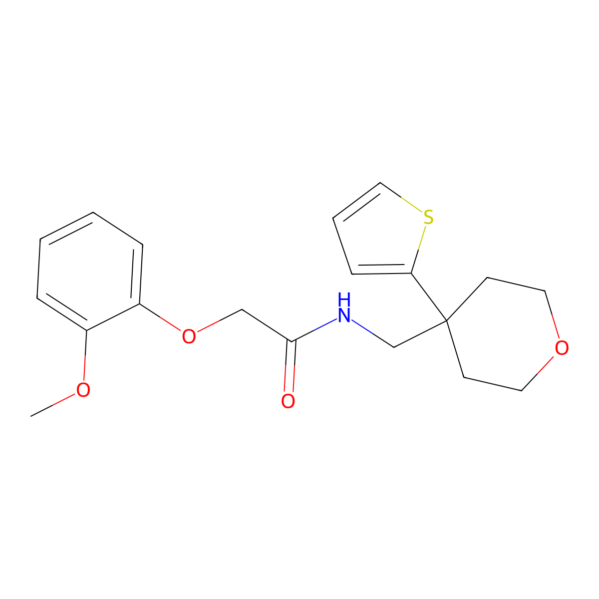 2-(2-methoxyphenoxy)-N-((4-(thiophen-2-yl)tetrahydro-2H-pyran-4-yl)methyl)acetamide molecular structure, CAS 1203268-59-0
