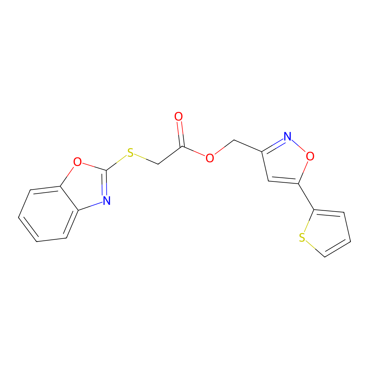 (5-(Thiophen-2-yl)isoxazol-3-yl)methyl 2-(benzo[d]oxazol-2-ylthio)acetate molecular structure, CAS 1203270-17-0