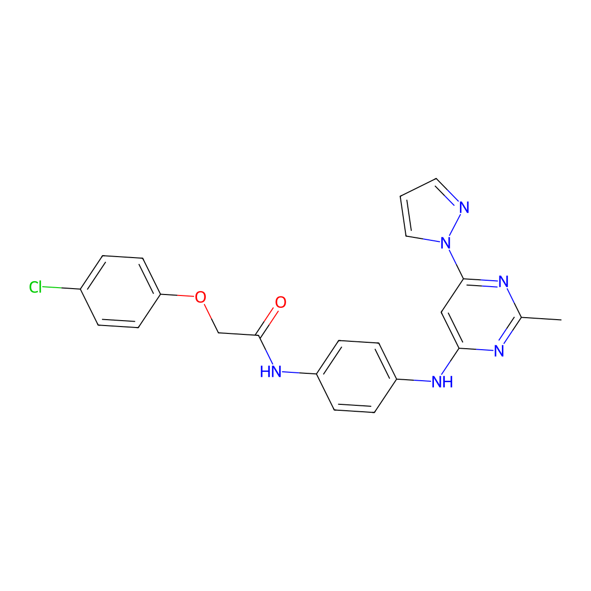 2-(4-chlorophenoxy)-N-(4-{[2-methyl-6-(1H-pyrazol-1-yl)pyrimidin-4-yl]amino}phenyl)acetamide molecular structure, CAS 1203270-62-5