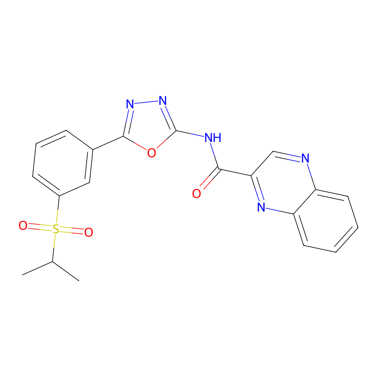 N-(5-(3-(isopropylsulfonyl)phenyl)-1,3,4-oxadiazol-2-yl)quinoxaline-2-carboxamide molecular structure, CAS 1203270-86-3