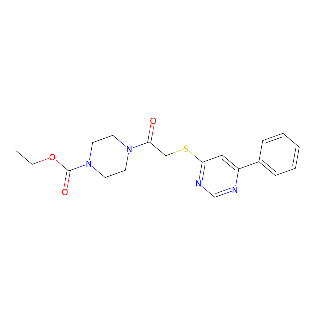 Ethyl 4-(2-((6-phenylpyrimidin-4-yl)thio)acetyl)piperazine-1-carboxylate molecular structure, CAS 1203271-58-2