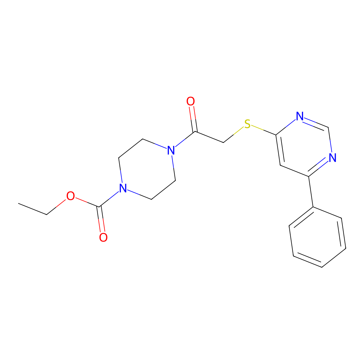 Ethyl 4-(2-((6-phenylpyrimidin-4-yl)thio)acetyl)piperazine-1-carboxylate molecular structure, CAS 1203271-58-2