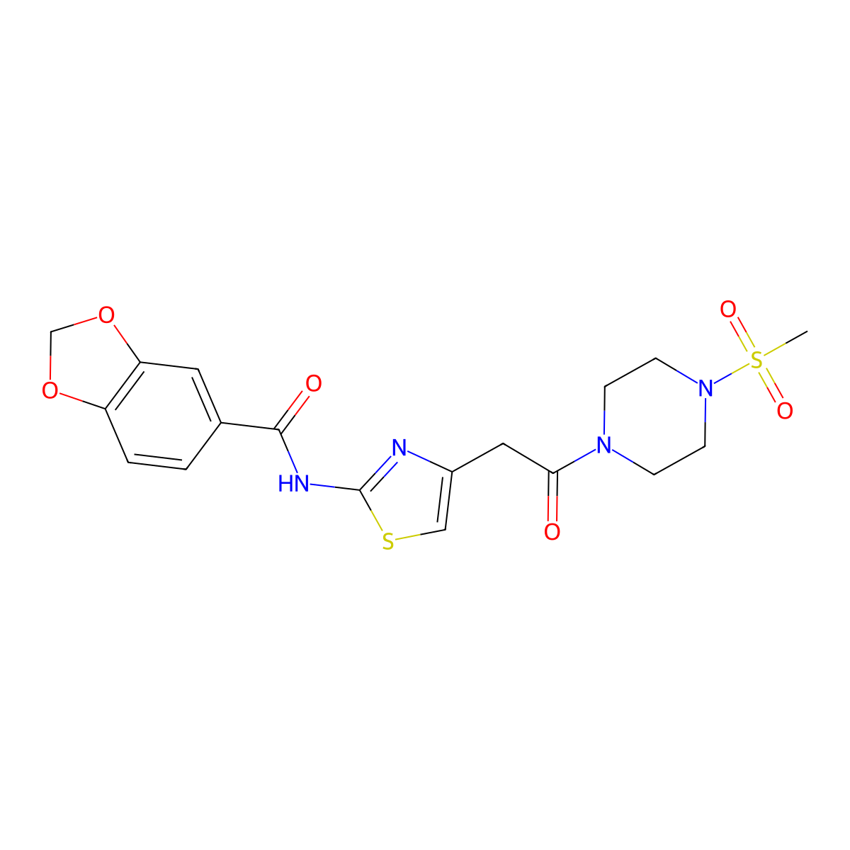 N-(4-(2-(4-(methylsulfonyl)piperazin-1-yl)-2-oxoethyl)thiazol-2-yl)benzo[d][1,3]dioxole-5-carboxamide molecular structure, CAS 1203272-73-4