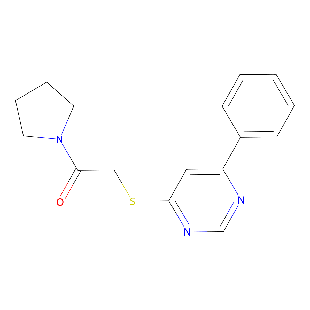 2-((6-Phenylpyrimidin-4-yl)thio)-1-(pyrrolidin-1-yl)ethanone molecular structure, CAS 1203273-99-7