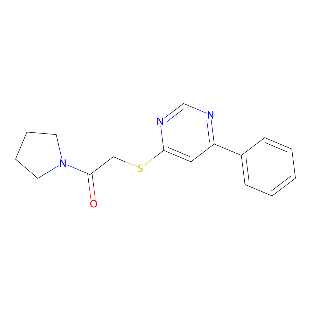 2-((6-Phenylpyrimidin-4-yl)thio)-1-(pyrrolidin-1-yl)ethanone molecular structure, CAS 1203273-99-7