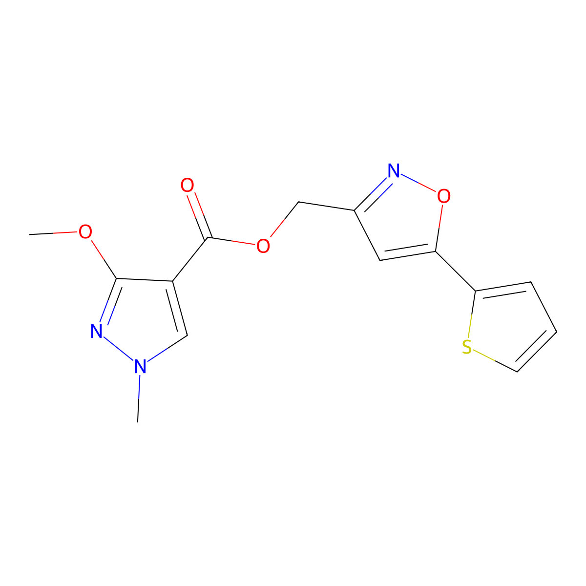(5-(thiophen-2-yl)isoxazol-3-yl)methyl 3-methoxy-1-methyl-1H-pyrazole-4-carboxylate molecular structure, CAS 1203275-01-7
