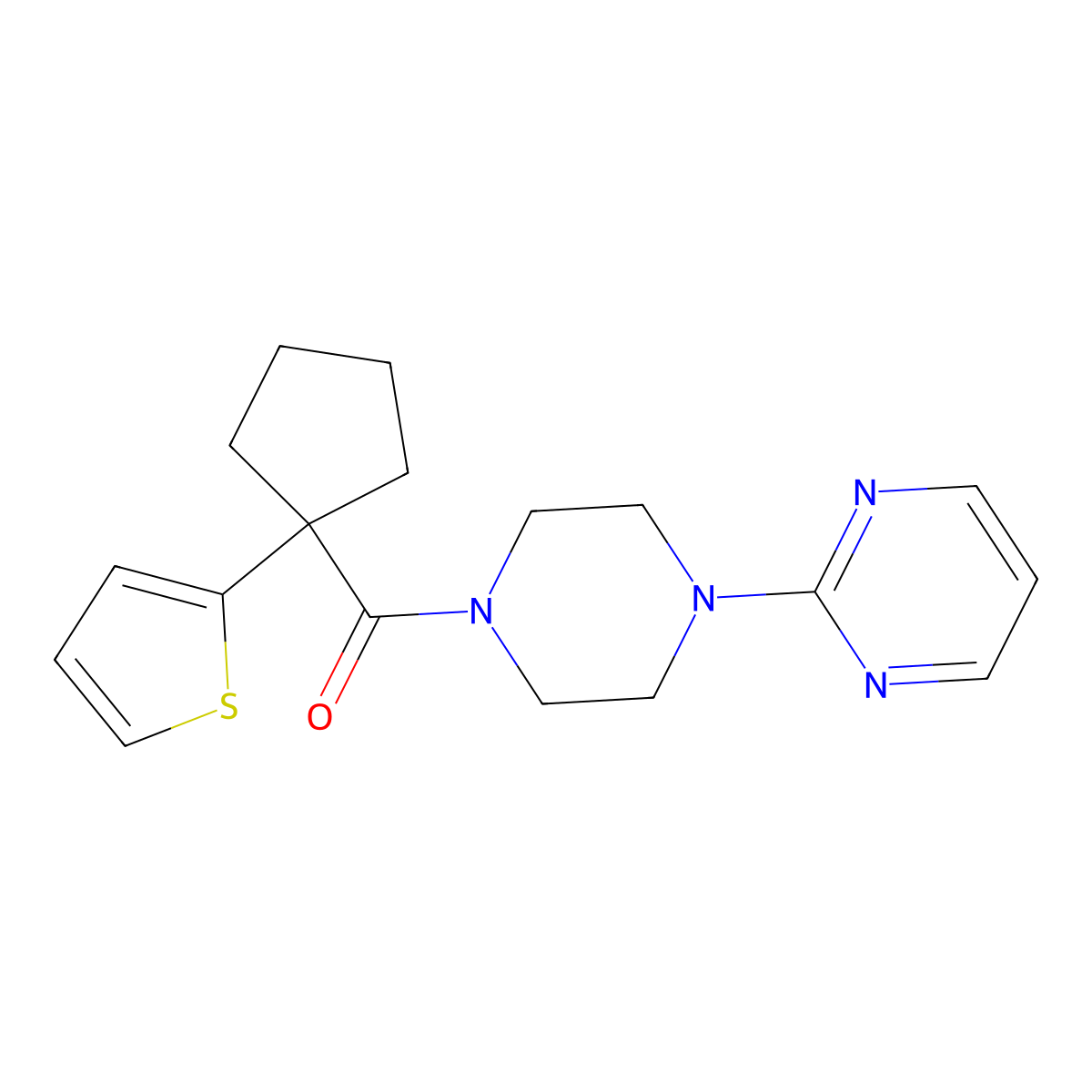 (4-(Pyrimidin-2-yl)piperazin-1-yl)(1-(thiophen-2-yl)cyclopentyl)methanone molecular structure, CAS 1203275-55-1